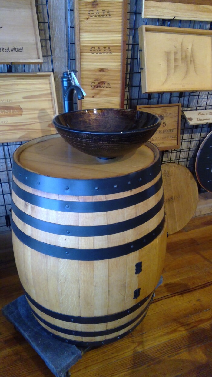 Wine Barrel Vanity with Glass Vessel Sink 1